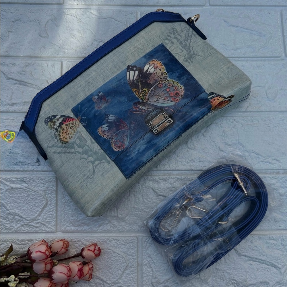 Chic Butterfly Print Clutch in Blue and Gray-New without tag